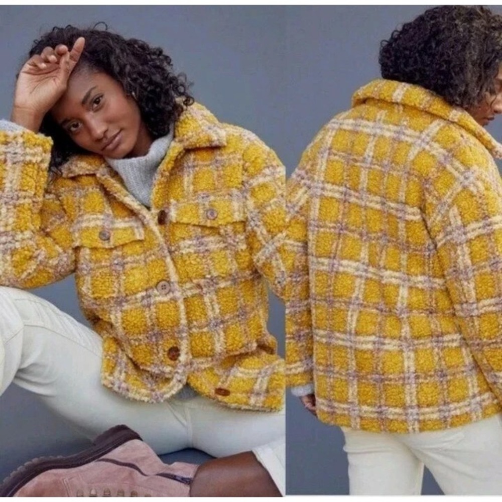 DRIFTWOOD Ryan Plaid Sherpa Jacket Y2K Yellow Gold SZ S Pockets Quilted A011469